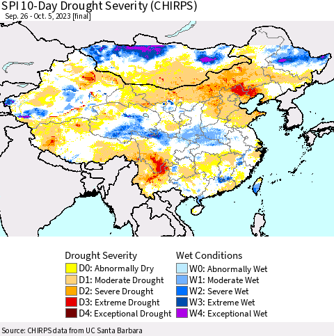 China, Mongolia and Taiwan SPI 10-Day Drought Severity (CHIRPS) Thematic Map For 9/26/2023 - 10/5/2023