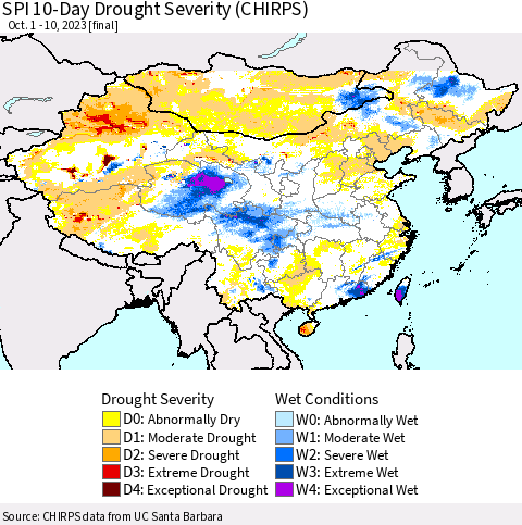 China, Mongolia and Taiwan SPI 10-Day Drought Severity (CHIRPS) Thematic Map For 10/1/2023 - 10/10/2023