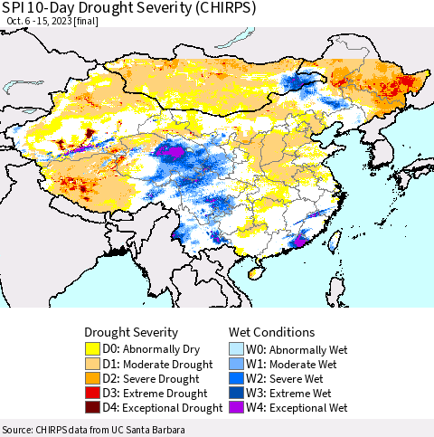 China, Mongolia and Taiwan SPI 10-Day Drought Severity (CHIRPS) Thematic Map For 10/6/2023 - 10/15/2023