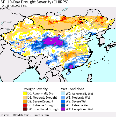 China, Mongolia and Taiwan SPI 10-Day Drought Severity (CHIRPS) Thematic Map For 10/11/2023 - 10/20/2023