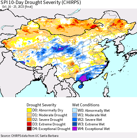 China, Mongolia and Taiwan SPI 10-Day Drought Severity (CHIRPS) Thematic Map For 10/16/2023 - 10/25/2023