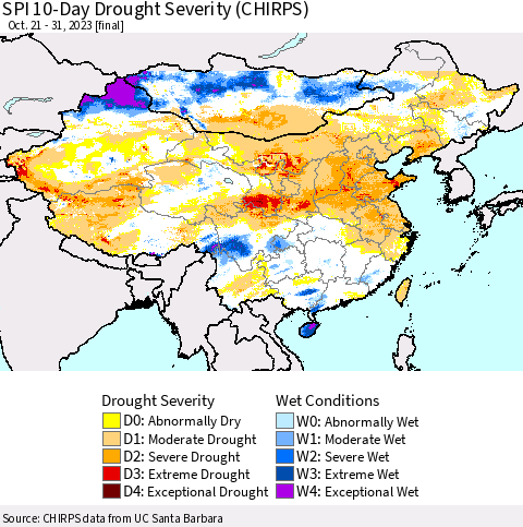 China, Mongolia and Taiwan SPI 10-Day Drought Severity (CHIRPS) Thematic Map For 10/21/2023 - 10/31/2023