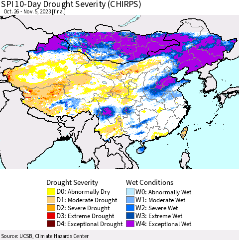 China, Mongolia and Taiwan SPI 10-Day Drought Severity (CHIRPS) Thematic Map For 10/26/2023 - 11/5/2023