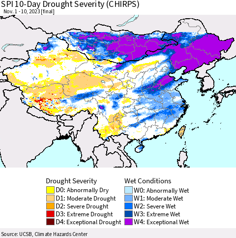 China, Mongolia and Taiwan SPI 10-Day Drought Severity (CHIRPS) Thematic Map For 11/1/2023 - 11/10/2023
