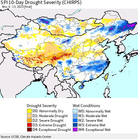 China, Mongolia and Taiwan SPI 10-Day Drought Severity (CHIRPS) Thematic Map For 11/6/2023 - 11/15/2023