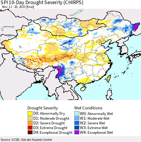 China, Mongolia and Taiwan SPI 10-Day Drought Severity (CHIRPS) Thematic Map For 11/11/2023 - 11/20/2023