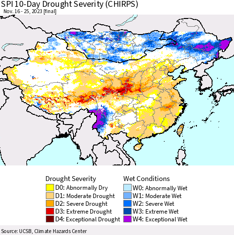China, Mongolia and Taiwan SPI 10-Day Drought Severity (CHIRPS) Thematic Map For 11/16/2023 - 11/25/2023