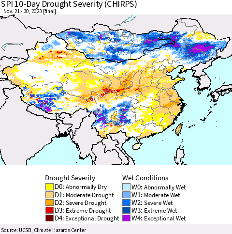 China, Mongolia and Taiwan SPI 10-Day Drought Severity (CHIRPS) Thematic Map For 11/21/2023 - 11/30/2023