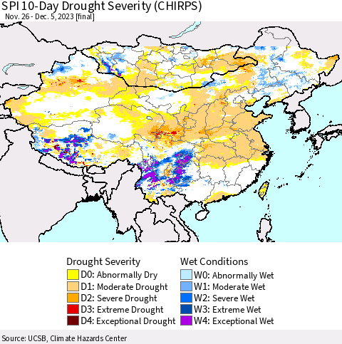 China, Mongolia and Taiwan SPI 10-Day Drought Severity (CHIRPS) Thematic Map For 11/26/2023 - 12/5/2023