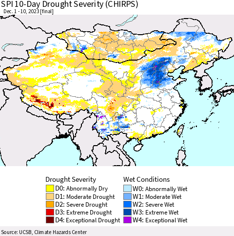 China, Mongolia and Taiwan SPI 10-Day Drought Severity (CHIRPS) Thematic Map For 12/1/2023 - 12/10/2023
