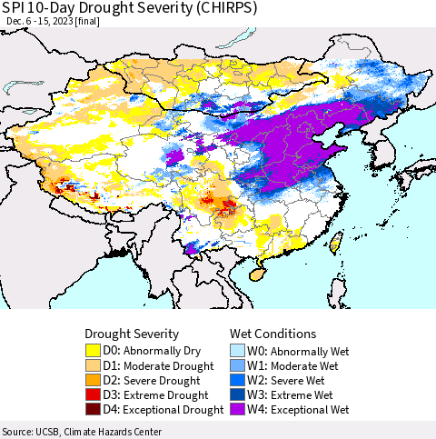 China, Mongolia and Taiwan SPI 10-Day Drought Severity (CHIRPS) Thematic Map For 12/6/2023 - 12/15/2023