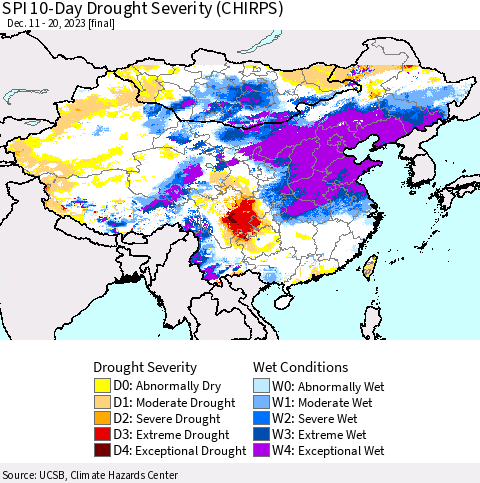 China, Mongolia and Taiwan SPI 10-Day Drought Severity (CHIRPS) Thematic Map For 12/11/2023 - 12/20/2023