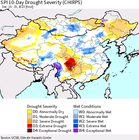 China, Mongolia and Taiwan SPI 10-Day Drought Severity (CHIRPS) Thematic Map For 12/16/2023 - 12/25/2023