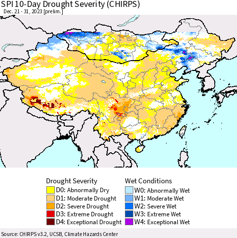 China, Mongolia and Taiwan SPI 10-Day Drought Severity (CHIRPS) Thematic Map For 12/21/2023 - 12/31/2023