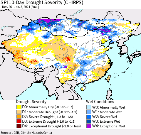 China, Mongolia and Taiwan SPI 10-Day Drought Severity (CHIRPS) Thematic Map For 12/26/2023 - 1/5/2024