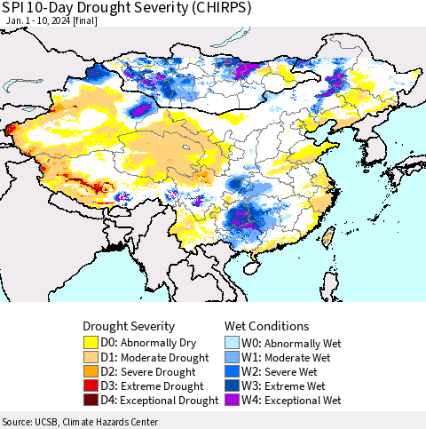 China, Mongolia and Taiwan SPI 10-Day Drought Severity (CHIRPS) Thematic Map For 1/1/2024 - 1/10/2024