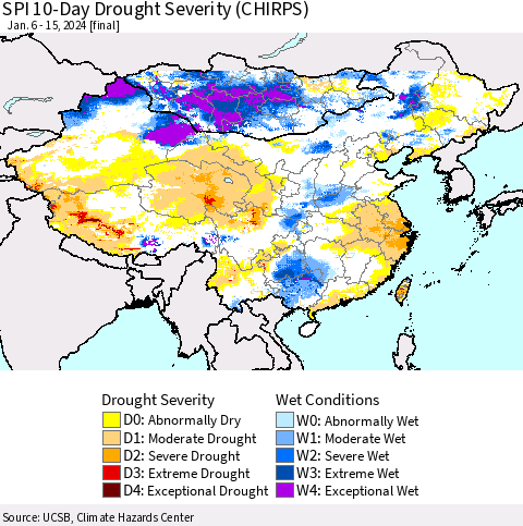 China, Mongolia and Taiwan SPI 10-Day Drought Severity (CHIRPS) Thematic Map For 1/6/2024 - 1/15/2024