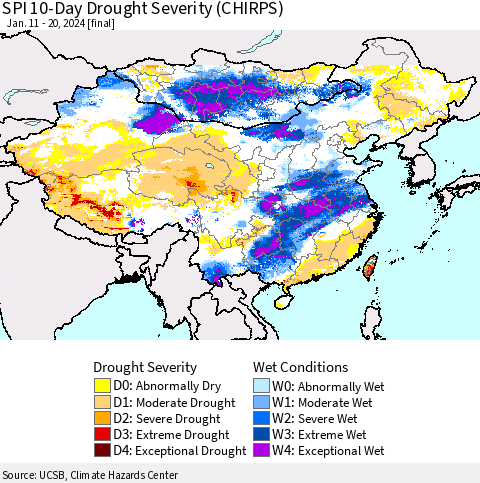 China, Mongolia and Taiwan SPI 10-Day Drought Severity (CHIRPS) Thematic Map For 1/11/2024 - 1/20/2024