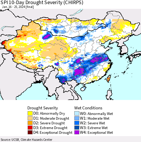 China, Mongolia and Taiwan SPI 10-Day Drought Severity (CHIRPS) Thematic Map For 1/16/2024 - 1/25/2024