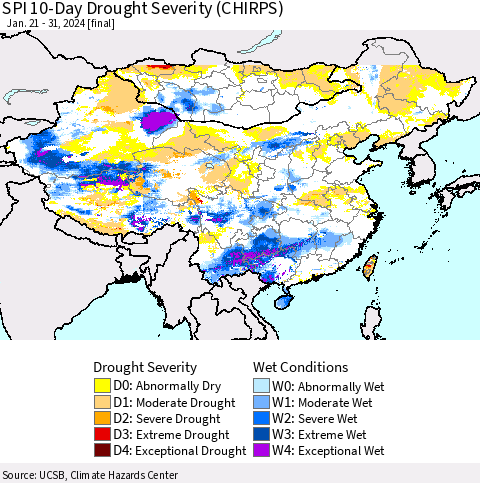China, Mongolia and Taiwan SPI 10-Day Drought Severity (CHIRPS) Thematic Map For 1/21/2024 - 1/31/2024