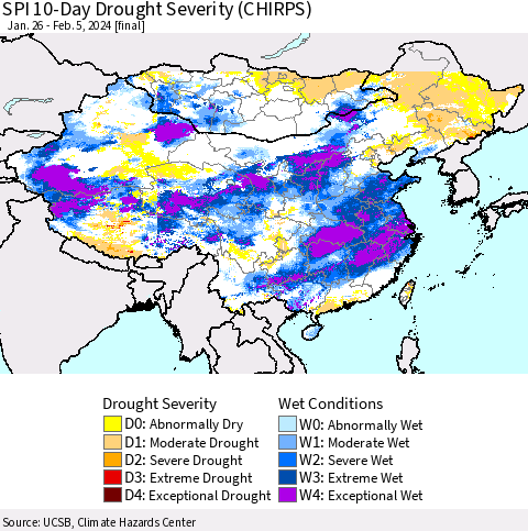China, Mongolia and Taiwan SPI 10-Day Drought Severity (CHIRPS) Thematic Map For 1/26/2024 - 2/5/2024