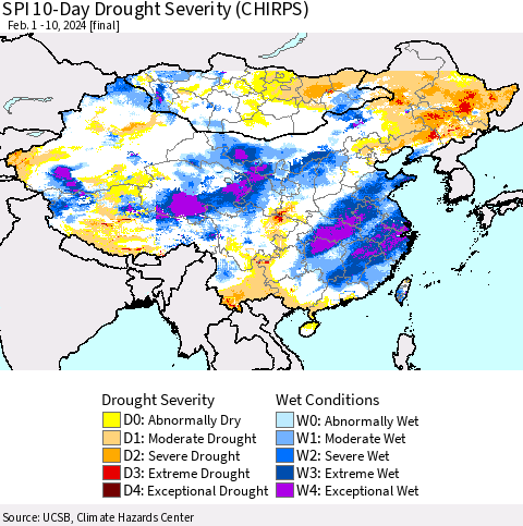 China, Mongolia and Taiwan SPI 10-Day Drought Severity (CHIRPS) Thematic Map For 2/1/2024 - 2/10/2024