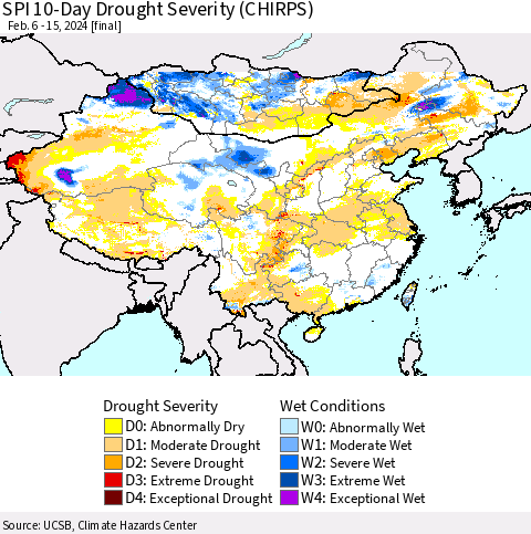 China, Mongolia and Taiwan SPI 10-Day Drought Severity (CHIRPS) Thematic Map For 2/6/2024 - 2/15/2024