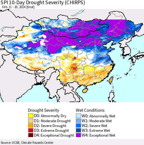 China, Mongolia and Taiwan SPI 10-Day Drought Severity (CHIRPS) Thematic Map For 2/11/2024 - 2/20/2024