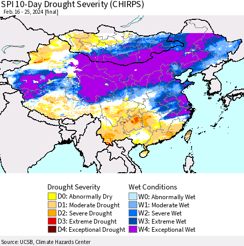 China, Mongolia and Taiwan SPI 10-Day Drought Severity (CHIRPS) Thematic Map For 2/16/2024 - 2/25/2024