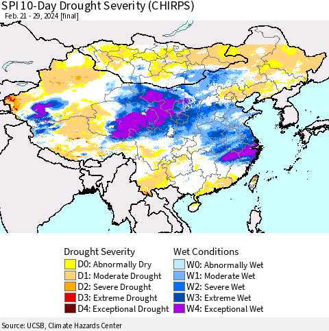 China, Mongolia and Taiwan SPI 10-Day Drought Severity (CHIRPS) Thematic Map For 2/21/2024 - 2/29/2024
