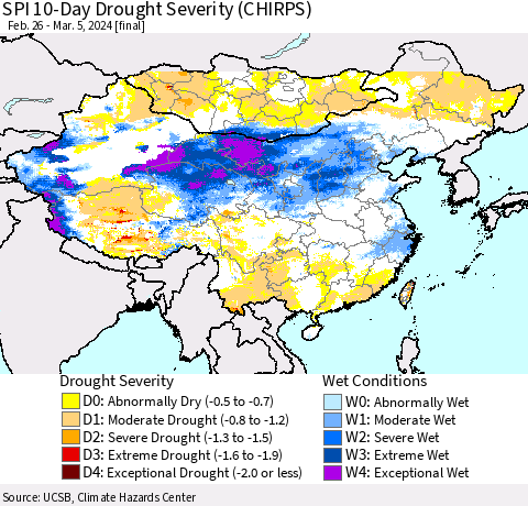 China, Mongolia and Taiwan SPI 10-Day Drought Severity (CHIRPS) Thematic Map For 2/26/2024 - 3/5/2024