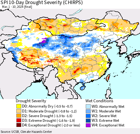 China, Mongolia and Taiwan SPI 10-Day Drought Severity (CHIRPS) Thematic Map For 3/1/2024 - 3/10/2024