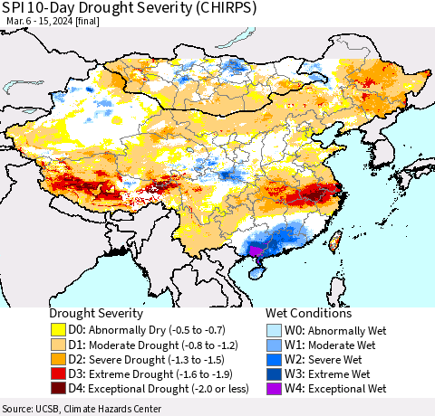 China, Mongolia and Taiwan SPI 10-Day Drought Severity (CHIRPS) Thematic Map For 3/6/2024 - 3/15/2024