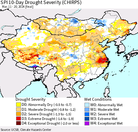 China, Mongolia and Taiwan SPI 10-Day Drought Severity (CHIRPS) Thematic Map For 3/11/2024 - 3/20/2024