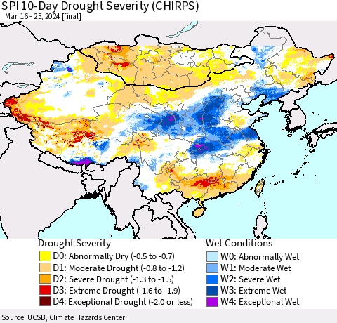 China, Mongolia and Taiwan SPI 10-Day Drought Severity (CHIRPS) Thematic Map For 3/16/2024 - 3/25/2024