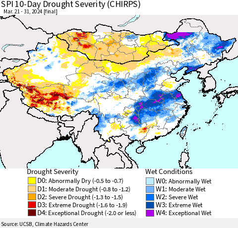China, Mongolia and Taiwan SPI 10-Day Drought Severity (CHIRPS) Thematic Map For 3/21/2024 - 3/31/2024