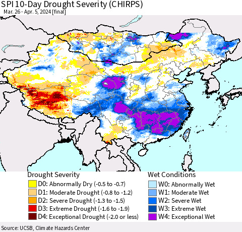China, Mongolia and Taiwan SPI 10-Day Drought Severity (CHIRPS) Thematic Map For 3/26/2024 - 4/5/2024