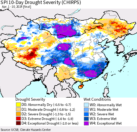 China, Mongolia and Taiwan SPI 10-Day Drought Severity (CHIRPS) Thematic Map For 4/1/2024 - 4/10/2024