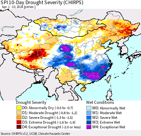 China, Mongolia and Taiwan SPI 10-Day Drought Severity (CHIRPS) Thematic Map For 4/1/2024 - 4/10/2024