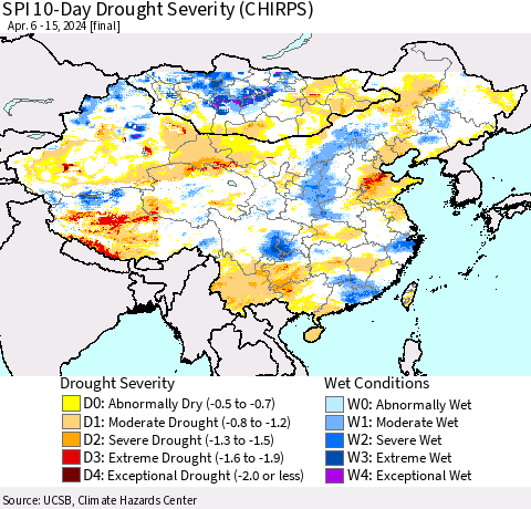 China, Mongolia and Taiwan SPI 10-Day Drought Severity (CHIRPS) Thematic Map For 4/6/2024 - 4/15/2024