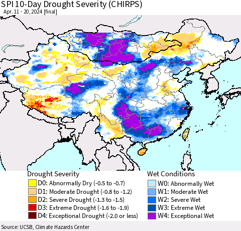 China, Mongolia and Taiwan SPI 10-Day Drought Severity (CHIRPS) Thematic Map For 4/11/2024 - 4/20/2024