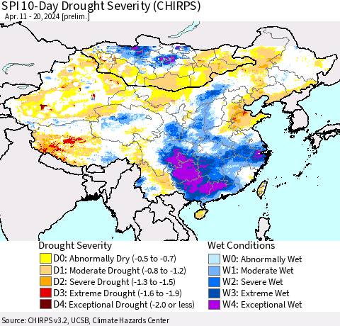 China, Mongolia and Taiwan SPI 10-Day Drought Severity (CHIRPS) Thematic Map For 4/11/2024 - 4/20/2024