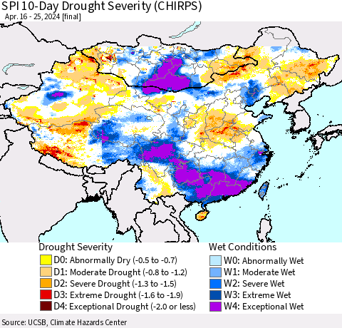 China, Mongolia and Taiwan SPI 10-Day Drought Severity (CHIRPS) Thematic Map For 4/16/2024 - 4/25/2024