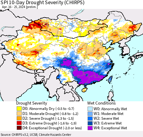 China, Mongolia and Taiwan SPI 10-Day Drought Severity (CHIRPS) Thematic Map For 4/16/2024 - 4/25/2024