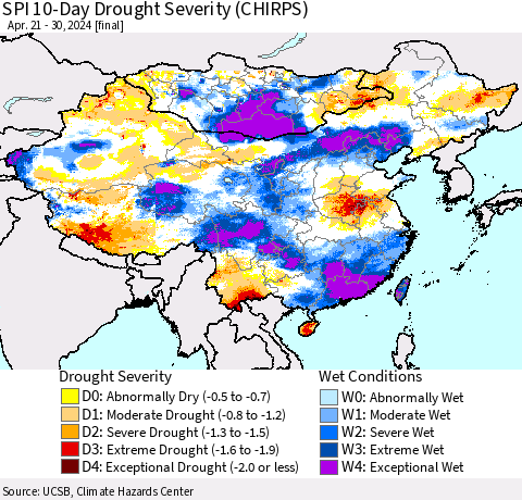 China, Mongolia and Taiwan SPI 10-Day Drought Severity (CHIRPS) Thematic Map For 4/21/2024 - 4/30/2024