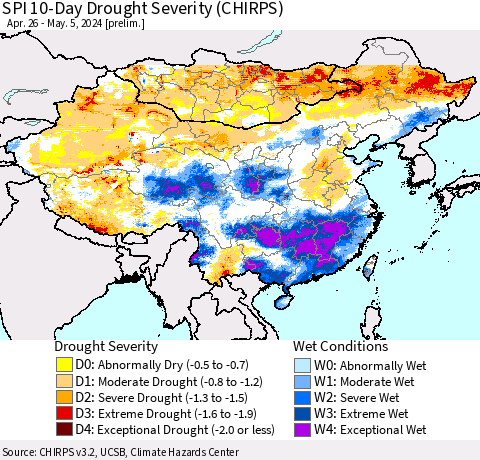 China, Mongolia and Taiwan SPI 10-Day Drought Severity (CHIRPS) Thematic Map For 4/26/2024 - 5/5/2024