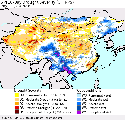 China, Mongolia and Taiwan SPI 10-Day Drought Severity (CHIRPS) Thematic Map For 5/1/2024 - 5/10/2024
