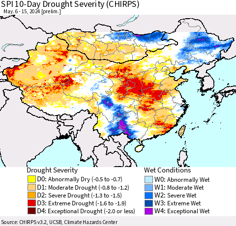 China, Mongolia and Taiwan SPI 10-Day Drought Severity (CHIRPS) Thematic Map For 5/6/2024 - 5/15/2024