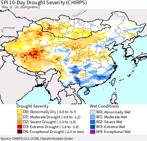 China, Mongolia and Taiwan SPI 10-Day Drought Severity (CHIRPS) Thematic Map For 5/11/2024 - 5/20/2024