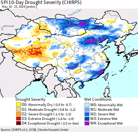 China, Mongolia and Taiwan SPI 10-Day Drought Severity (CHIRPS) Thematic Map For 5/16/2024 - 5/25/2024